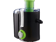 Extracteur de jus Princess noir avec des touches de vert, un cadran et un récipient transparent.