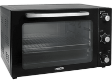 Charger l&#39;image dans la galerie, Four noir avec poignée et commandes argentées. Montre une grille métallique vide à l&#39;intérieur.
