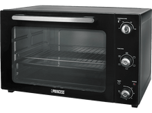 Charger l&#39;image dans la galerie, Un four noir Princess avec une porte vitrée, une poignée argentée et des commandes sur le panneau avant.
