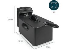 Charger l&#39;image dans la galerie, Friteuse noire avec dimensions et capacité de 4L. Fond blanc.
