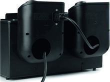 Charger l&#39;image dans la galerie, Vue arrière de deux appareils noirs reliés par un câble noir. Texte et port d&#39;alimentation visibles.
