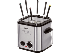 Un caquelon à fondue argenté avec six brochettes, un bord noir et le logo Princess.