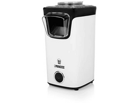 Machine à pop-corn blanche. Dessus et détails noirs. Marque Princess. Fond blanc.