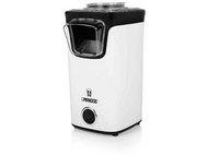 Machine à pop-corn blanche. Dessus et détails noirs. Marque Princess. Fond blanc.