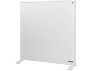 Radiateur électrique blanc posé sur des pieds noirs.