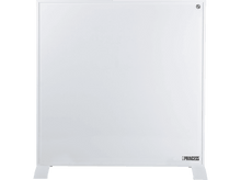 Charger l&#39;image dans la galerie, Un radiateur panneau blanc repose sur des pieds blancs sur fond blanc. Le logo est dans le coin inférieur droit.
