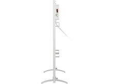 Charger l&#39;image dans la galerie, Un radiateur électrique blanc sur fond blanc. Il a un interrupteur d&#39;alimentation rouge et des supports de pied en métal.
