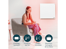 Charger l&#39;image dans la galerie, Femme dans un fauteuil, radiateur mural, icônes : chauffage radiant, n&#39;assèche pas l&#39;air, chaleur immédiate, répartition de la chaleur.
