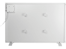 Charger l&#39;image dans la galerie, L&#39;arrière d&#39;un radiateur infrarouge blanc avec supports et raccordement électrique.
