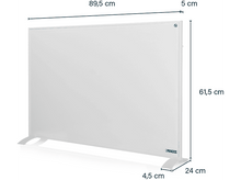 Charger l&#39;image dans la galerie, Chauffage électrique blanc avec dimensions, repose sur deux pieds. Fond blanc.
