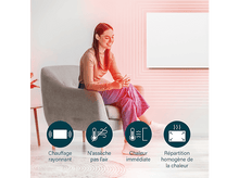 Charger l&#39;image dans la galerie, Une femme assise dans un fauteuil gris, tenant un téléphone avec des icônes.
