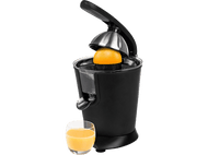 Presse-agrumes noir avec une demi-orange, un verre de jus et une base noire.