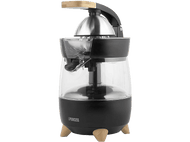 Presse-agrumes noir et argent avec accents en bois. Récipient transparent. Marque Princess. Isolé sur blanc.