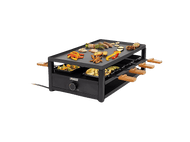 Un grill à raclette de la marque Princess. Il a un corps noir, des poignées en bois et divers aliments sur le grill.