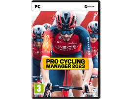 Couverture du jeu Pro Cycling Manager 2023. Cycliste en rouge et noir. Logos PC et Steam.