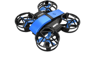 Mini drone, cadre noir avec dessus bleu, quatre hélices. Isolé sur fond noir.
