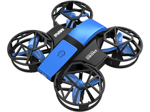 Charger l&#39;image dans la galerie, Un drone bleu et noir avec quatre hélices est montré.
