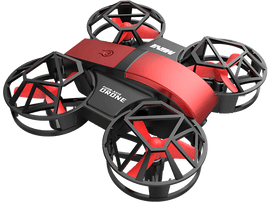 Mini drone rouge et noir avec quatre hélices, étiqueté 