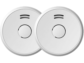 Deux détecteurs de fumée blancs. Chacun a un cercle central et deux petites lignes en haut.