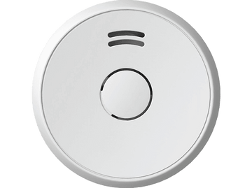 Détecteur de fumée rond blanc avec deux petits trous et un bouton central.