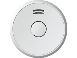 Détecteur de fumée rond blanc avec deux petits trous et un bouton central.