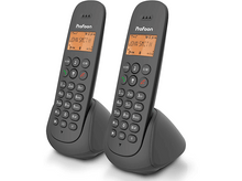 Charger l&#39;image dans la galerie, Deux téléphones sans fil dans une station d&#39;accueil. Chacun a un écran et un pavé numérique.
