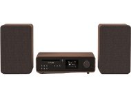 Micro système Pure avec deux enceintes. Finition bois marron, lecteur CD et commandes en façade.