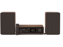 Charger l'image dans la galerie, Chaîne stéréo avec deux haut-parleurs, une unité de contrôle et une télécommande. Finition bois marron.
