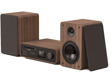 Charger l'image dans la galerie, Chaîne stéréo en bois avec deux haut-parleurs et une unité centrale.
