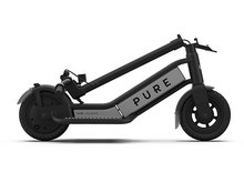 Charger l&#39;image dans la galerie, Trottinette électrique noire et grise, pliée. Logo Pure et fond blanc.

