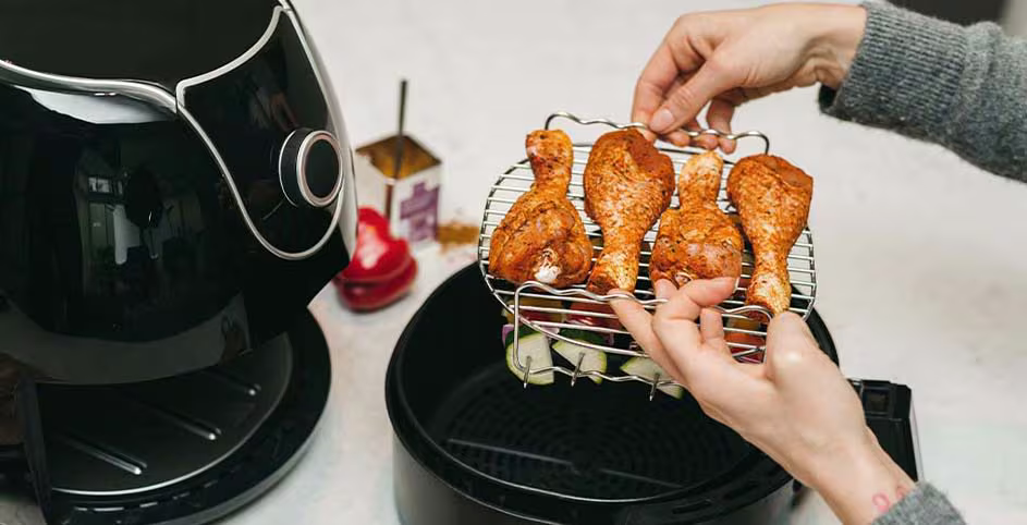 un airfryer avec quelqu'un qui tient une grille sur laquelle repose des cuisses de poulets frits.