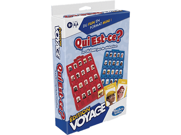 Boîte du jeu "Qui est-ce ?". Tableaux rouges et bleus avec des visages, des cartes et le nom du jeu.