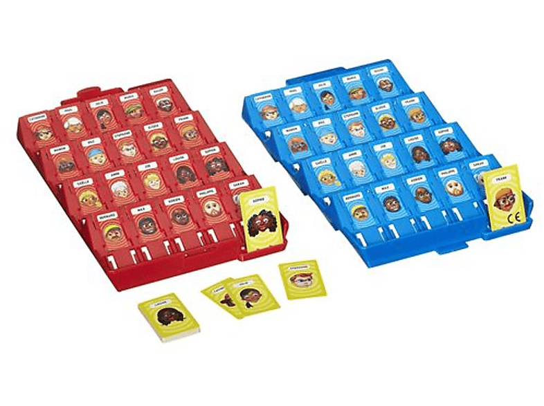 Jeu de société Devine Qui? avec plateaux rouge et bleu et cartes.