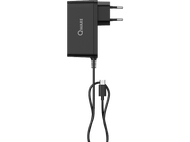 Chargeur Qware noir avec câble USB-C, sur fond noir.