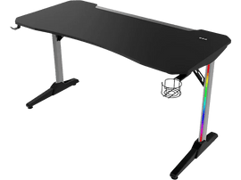 Bureau de gaming noir, avec porte-gobelet, gestion des câbles et éclairage RGB sur les pieds.