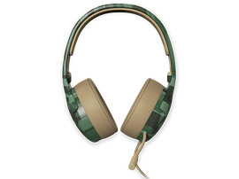 Casque à motif camouflage avec coussinet beige et câble attaché.