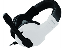 Charger l&#39;image dans la galerie, Casque de jeu blanc et noir avec un microphone, sur fond blanc.
