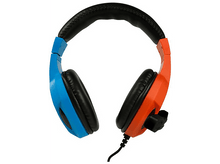 Charger l&#39;image dans la galerie, Casque audio avec oreillettes bleues et oranges, un bandeau noir et un microphone.
