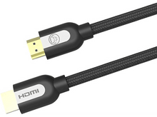 Charger l&#39;image dans la galerie, Câble HDMI noir avec connecteurs dorés, câble tressé, fond blanc.
