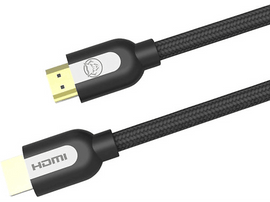 Câble HDMI noir avec connecteurs dorés, câble tressé, fond blanc.