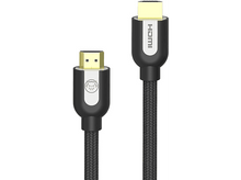 Charger l&#39;image dans la galerie, Câble HDMI noir et or, avec un câble tressé noir et la marque HDMI visible.
