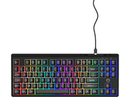 Un clavier noir avec des touches aux couleurs de l'arc-en-ciel, fond blanc.