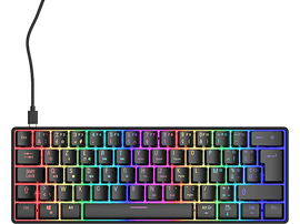 Un clavier filaire noir et coloré sur fond noir.