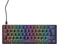 Un clavier filaire noir et coloré sur fond noir.