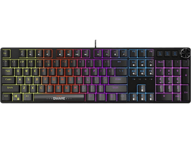 Clavier noir avec touches lumineuses colorées et pavé numérique. Logo GWARE visible.