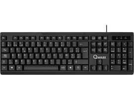 Clavier Qware noir avec lettres blanches sur une surface noire, avec un câble.