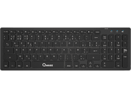 Clavier sans fil noir avec touches blanches. Logo de la marque Qware. Fond noir.