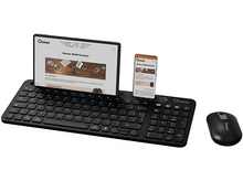 Charger l&#39;image dans la galerie, Clavier Qware noir, une tablette et un smartphone, ainsi qu&#39;une souris. Tous les appareils sont noirs.
