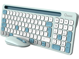 Ensemble clavier et souris Qware bleu et blanc. Le clavier a des touches blanches et bleues, la souris est également bleue.