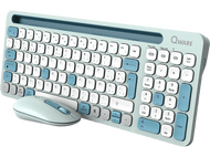 Ensemble clavier et souris Qware bleu et blanc. Le clavier a des touches blanches et bleues, la souris est également bleue.